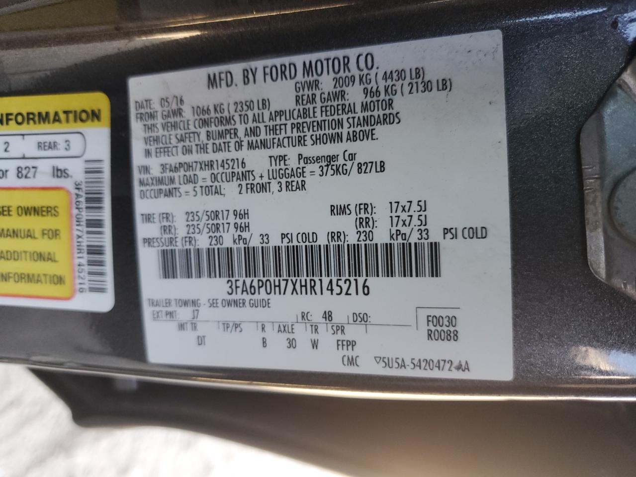 2017 Ford Fusion Se VIN: 3FA6P0H7XHR145216 Lot: 85198765