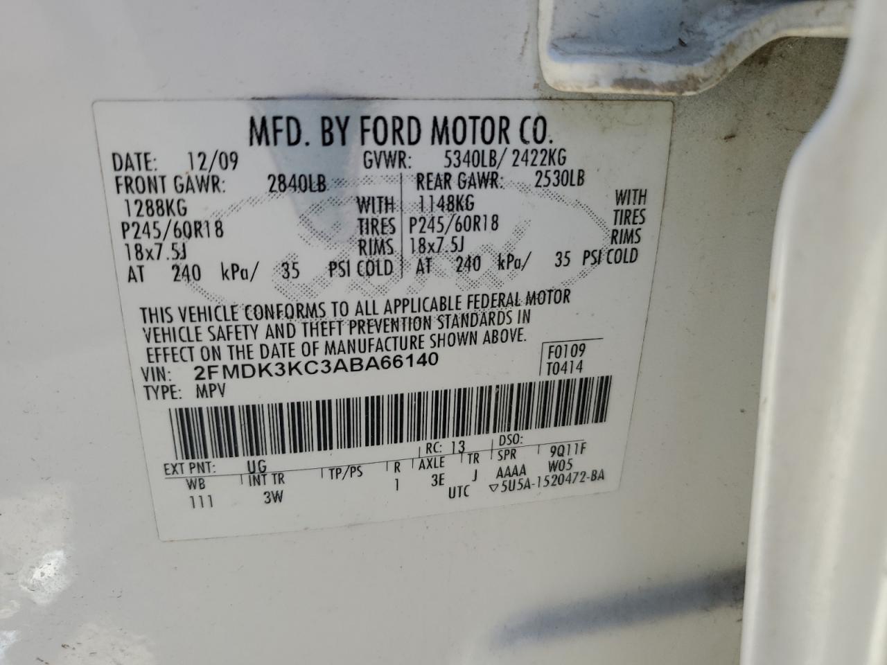 2010 Ford Edge Limited VIN: 2FMDK3KC3ABA66140 Lot: 87459265