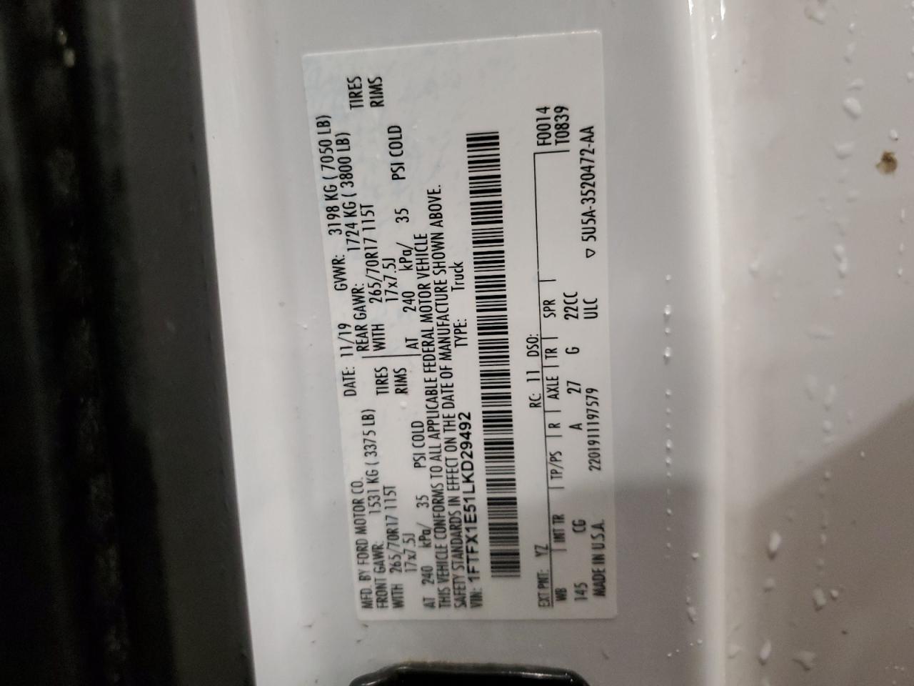 2020 Ford F150 Super Cab VIN: 1FTFX1E51LKD29492 Lot: 90856715