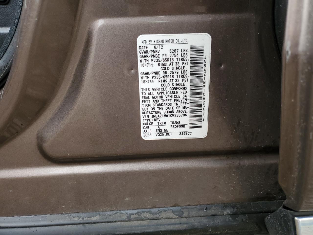 2012 Nissan Murano S VIN: JN8AZ1MW1CW235706 Lot: 86303265