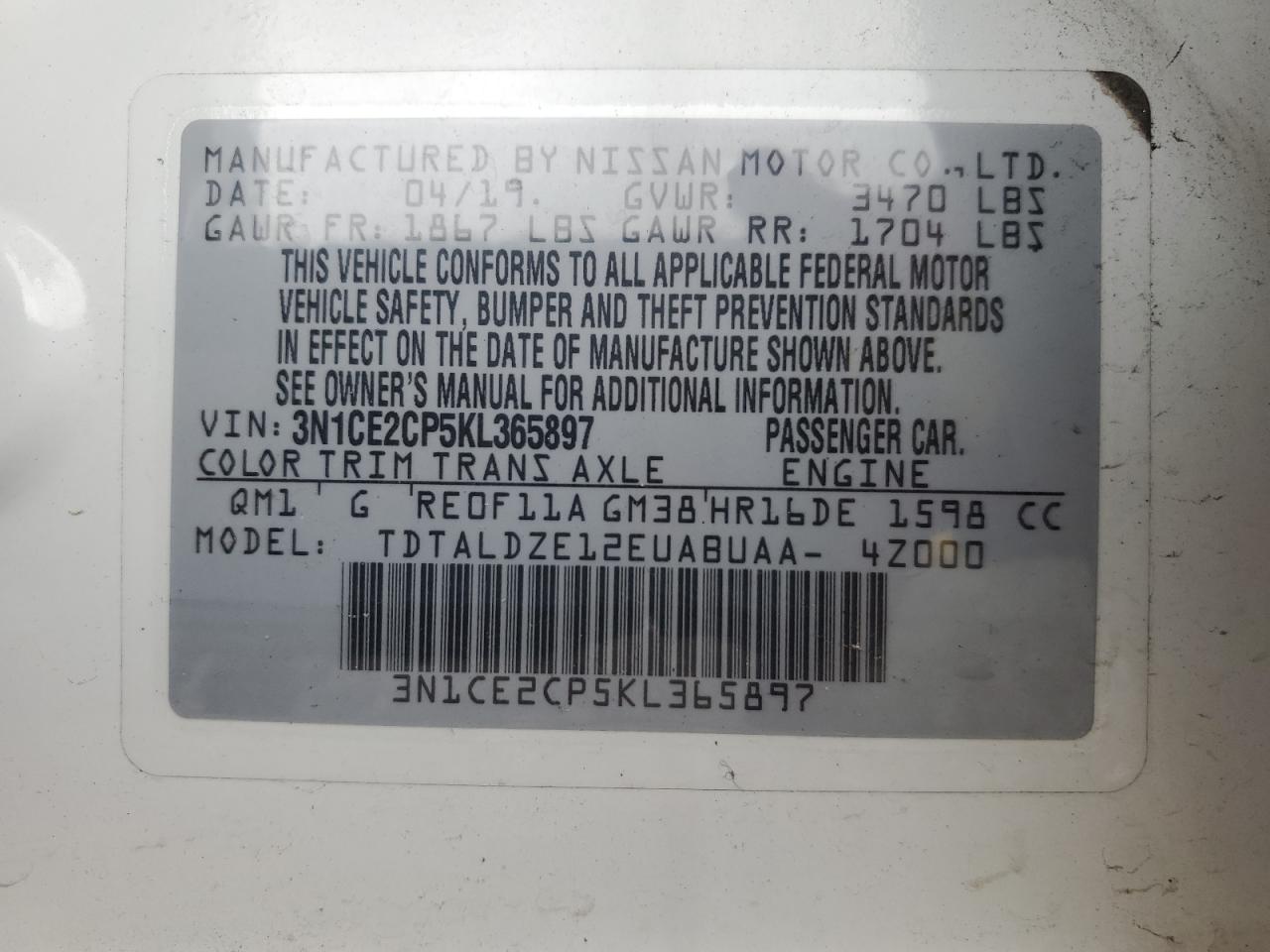 2019 Nissan Versa Note S VIN: 3N1CE2CP5KL365897 Lot: 82319215