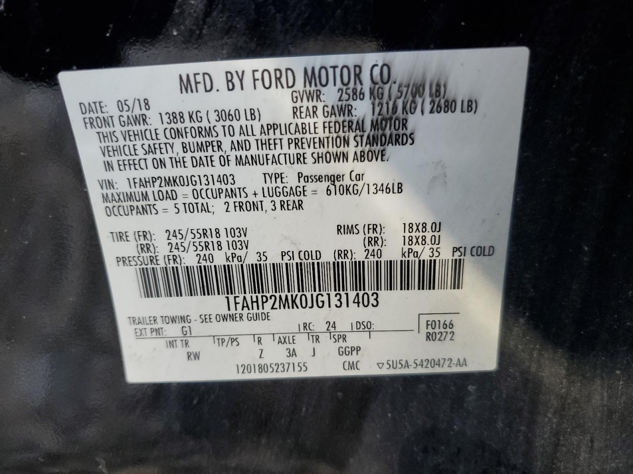 2018 Ford Taurus Police Interceptor VIN: 1FAHP2MK0JG131403 Lot: 71586325