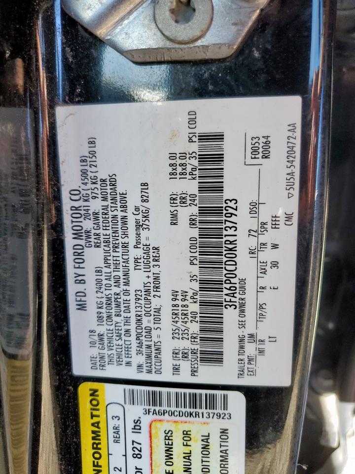 2019 Ford Fusion Sel VIN: 3FA6P0CD0KR137923 Lot: 90649275