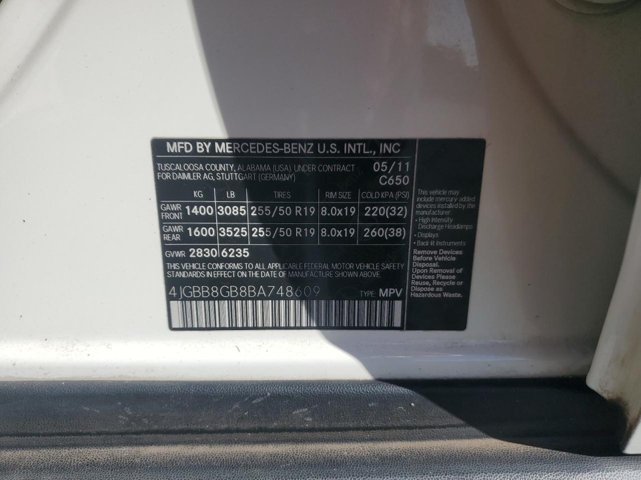 2011 Mercedes-Benz Ml 350 4Matic VIN: 4JGBB8GB8BA748609 Lot: 84467055