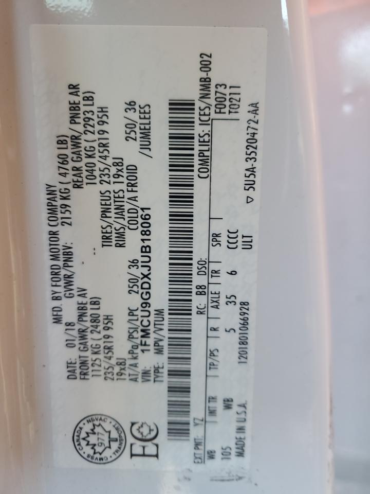 2018 Ford Escape Se VIN: 1FMCU9GDXJUB18061 Lot: 85265895