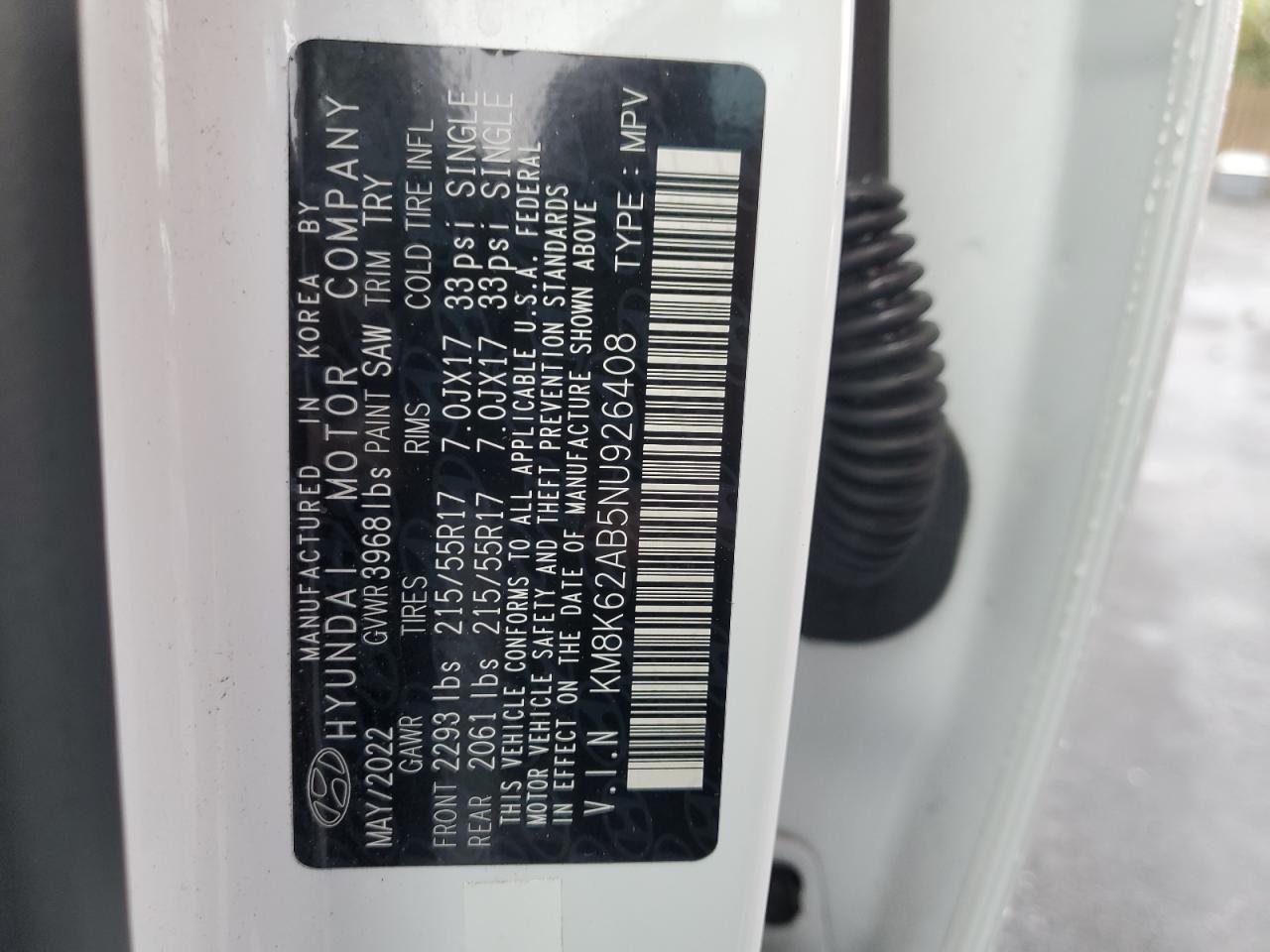 2022 Hyundai Kona Sel VIN: KM8K62AB5NU926408 Lot: 82459015