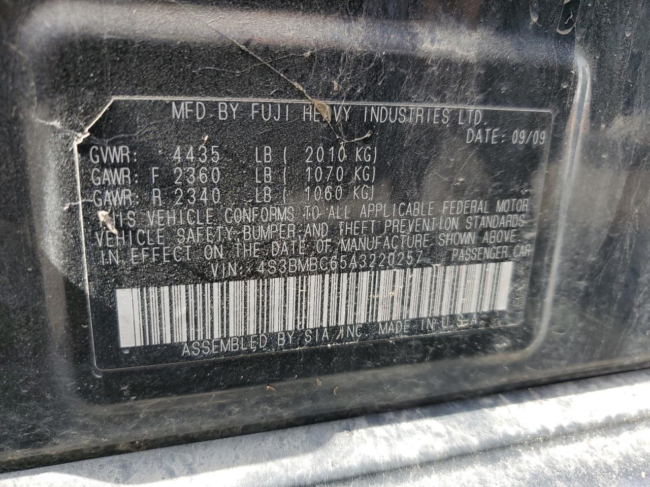 2010 Subaru Legacy 2.5I Premium VIN: 4S3BMBC65A3220257 Lot: 86774875