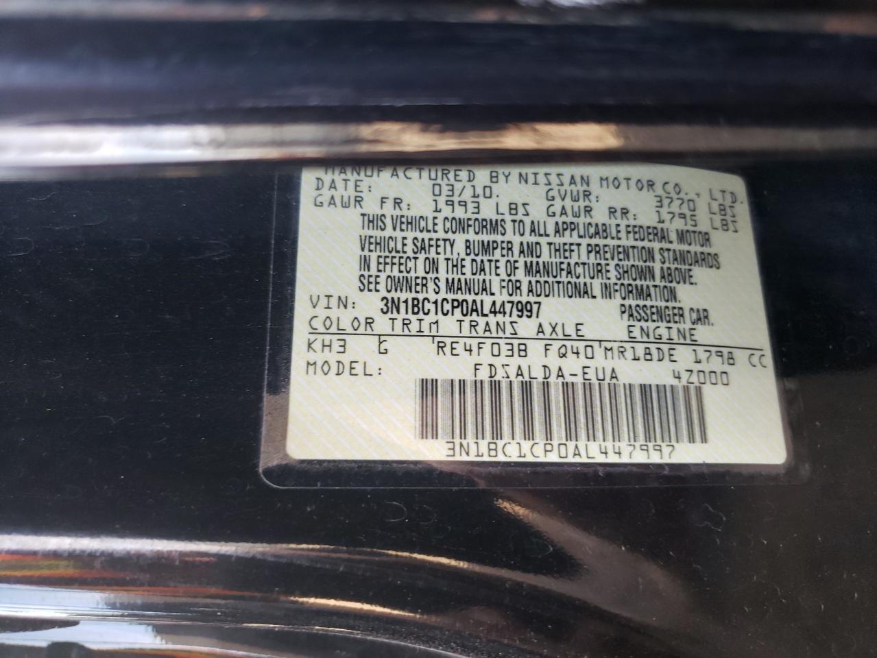 2010 Nissan Versa S VIN: 3N1BC1CP0AL447997 Lot: 81940015