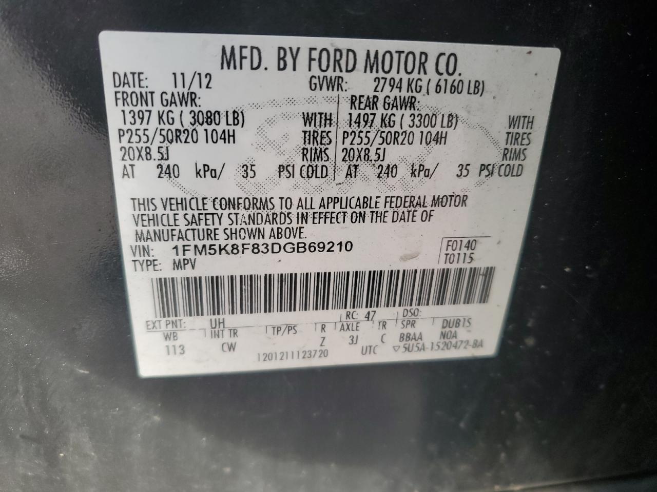 2013 Ford Explorer Limited VIN: 1FM5K8F83DGB69210 Lot: 81789635