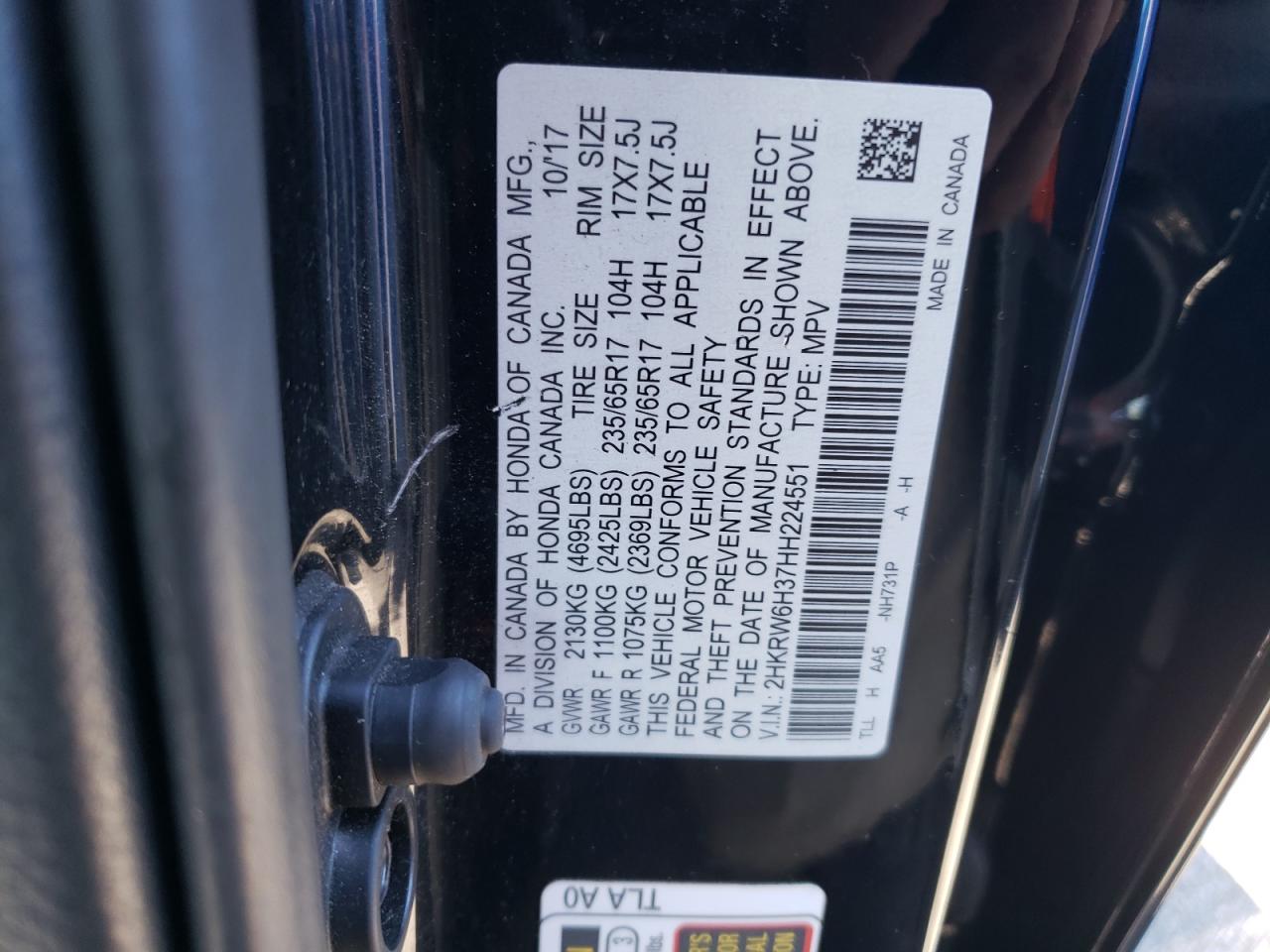 2017 Honda Cr-V Lx VIN: 2HKRW6H37HH224551 Lot: 86834845