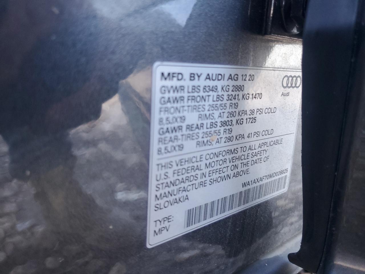 2021 Audi Q7 Premium VIN: WA1AXAF70MD026925 Lot: 89495265