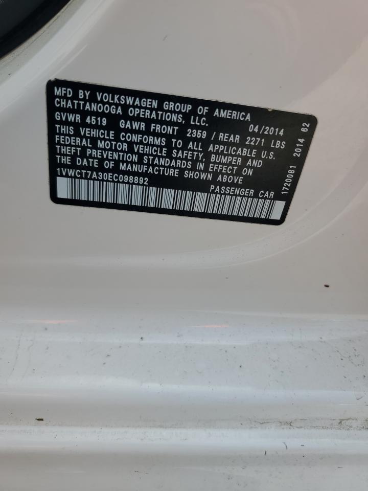 2014 Volkswagen Passat Sel VIN: 1VWCT7A30EC098892 Lot: 84794695