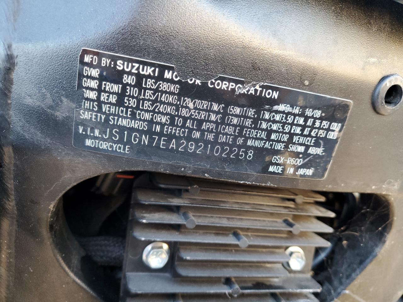 2009 Suzuki Gsx-R600 VIN: JS1GN7EA292102258 Lot: 84897105