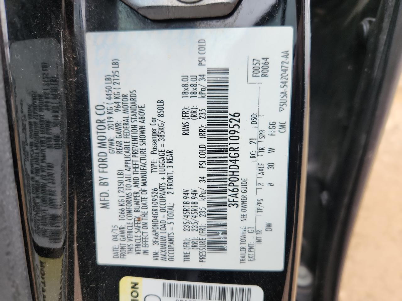 2016 Ford Fusion Se VIN: 3FA6P0HD4GR109526 Lot: 90544635