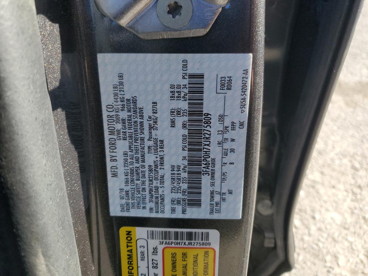 2018 Ford Fusion Se VIN: 3FA6P0H7XJR275809 Lot: 82354195