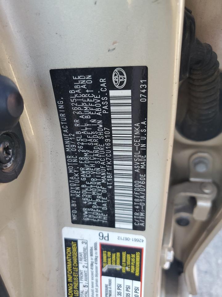 2012 Toyota Camry Base VIN: 4T1BF1FK7CU169107 Lot: 86265995