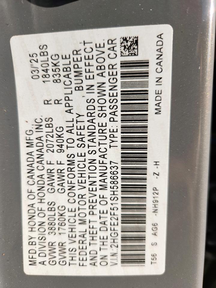 2025 Honda Civic Sport VIN: 2HGFE2F51SH586637 Lot: 85853915