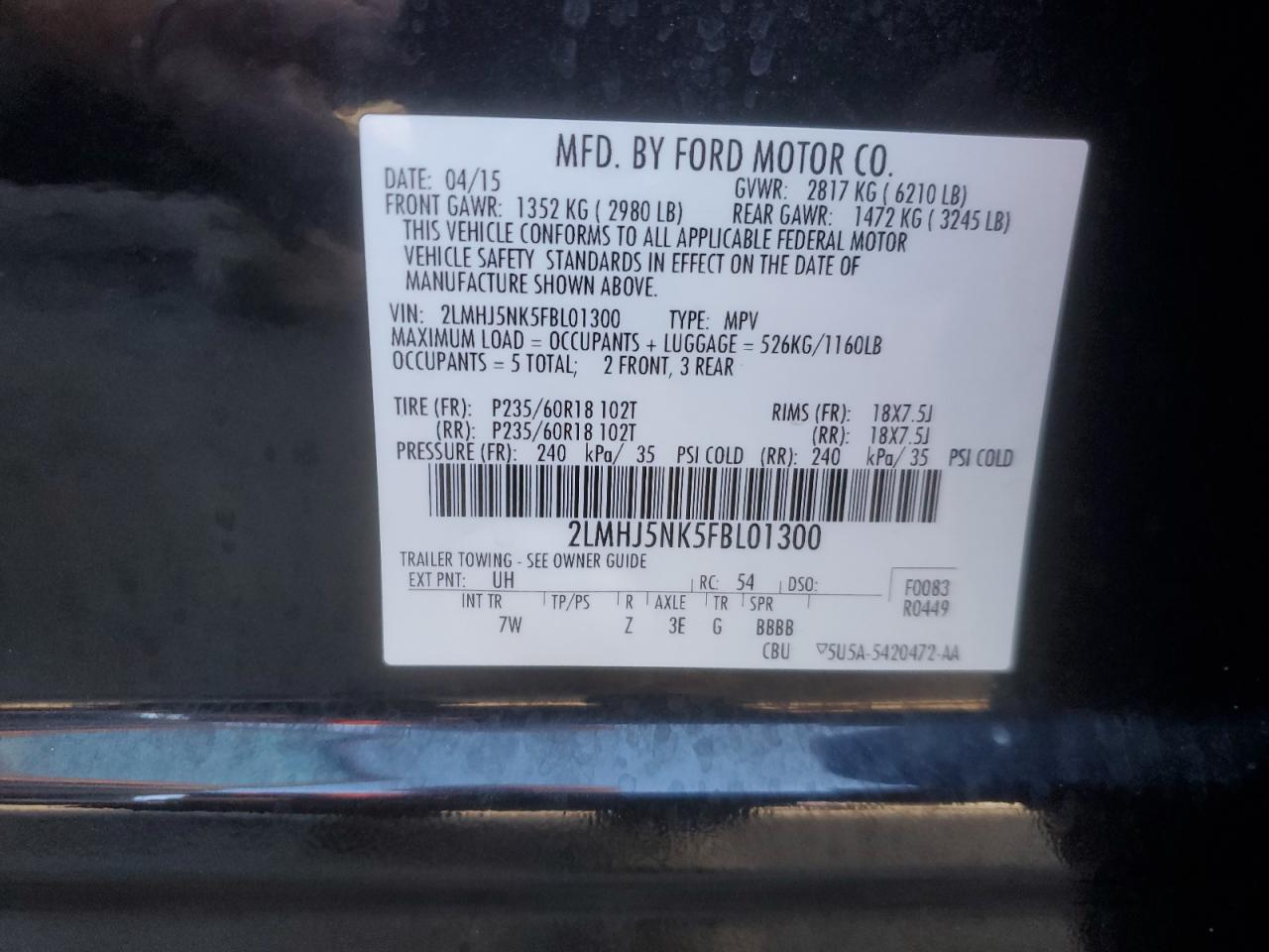 2015 Lincoln Mkt VIN: 2LMHJ5NK5FBL01300 Lot: 86231555