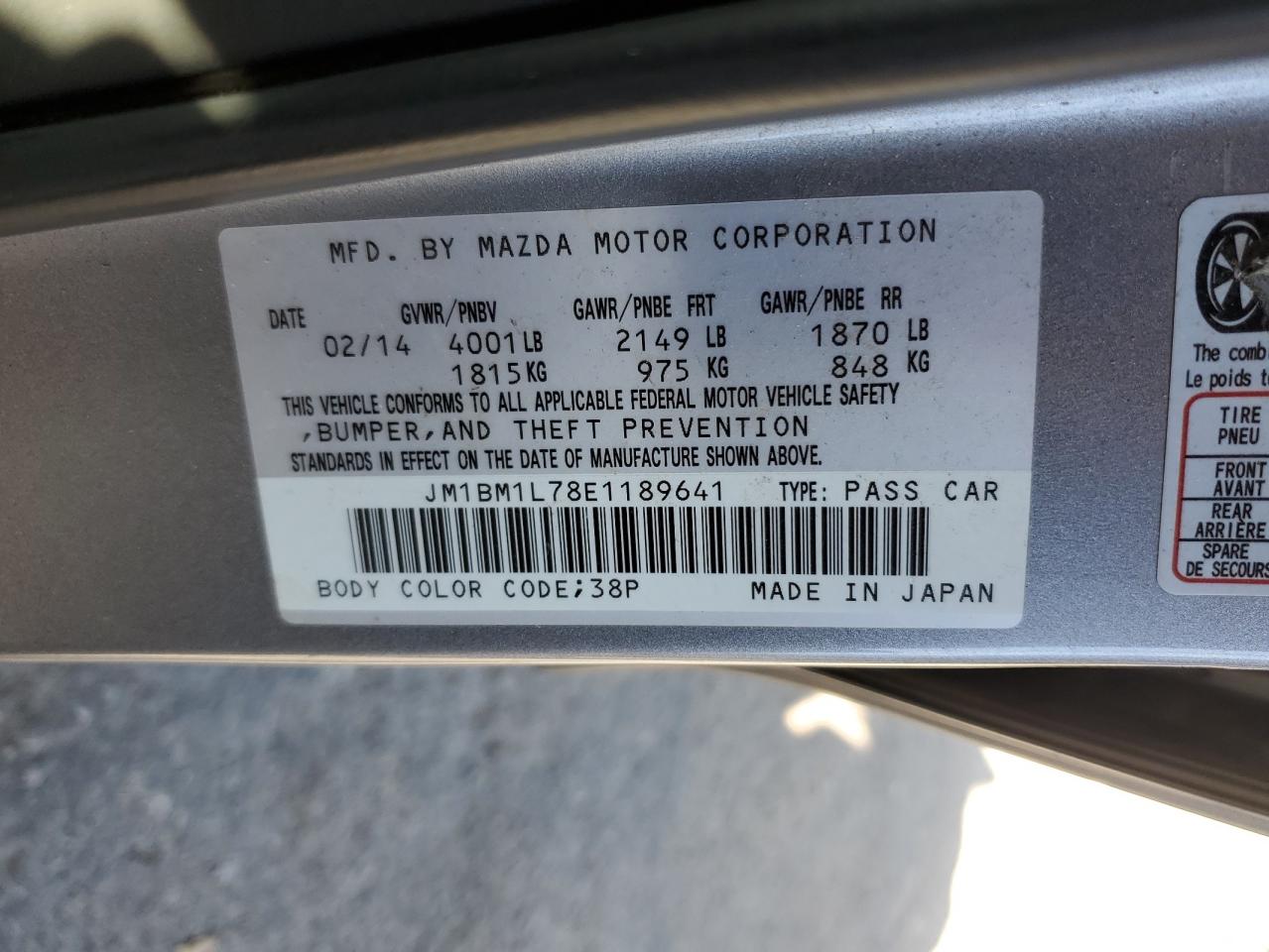 2014 Mazda 3 Touring VIN: JM1BM1L78E1189641 Lot: 85201015