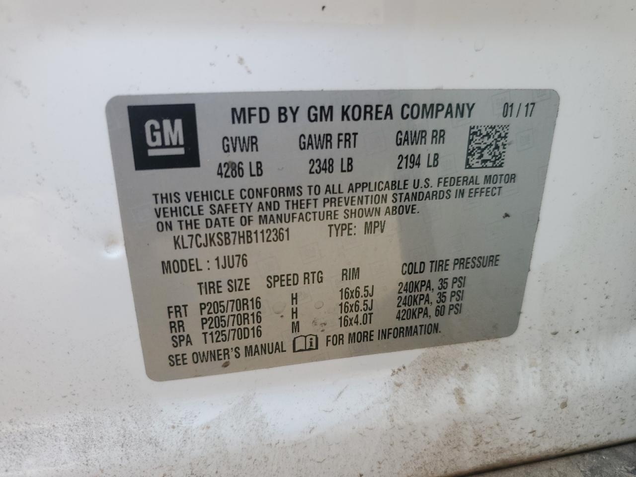 2017 Chevrolet Trax Ls VIN: KL7CJKSB7HB112361 Lot: 86815895