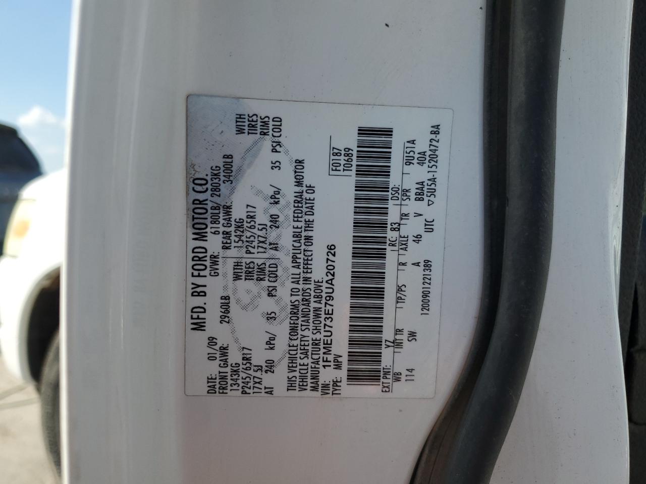 2009 Ford Explorer Xlt VIN: 1FMEU73E79UA20726 Lot: 85565135