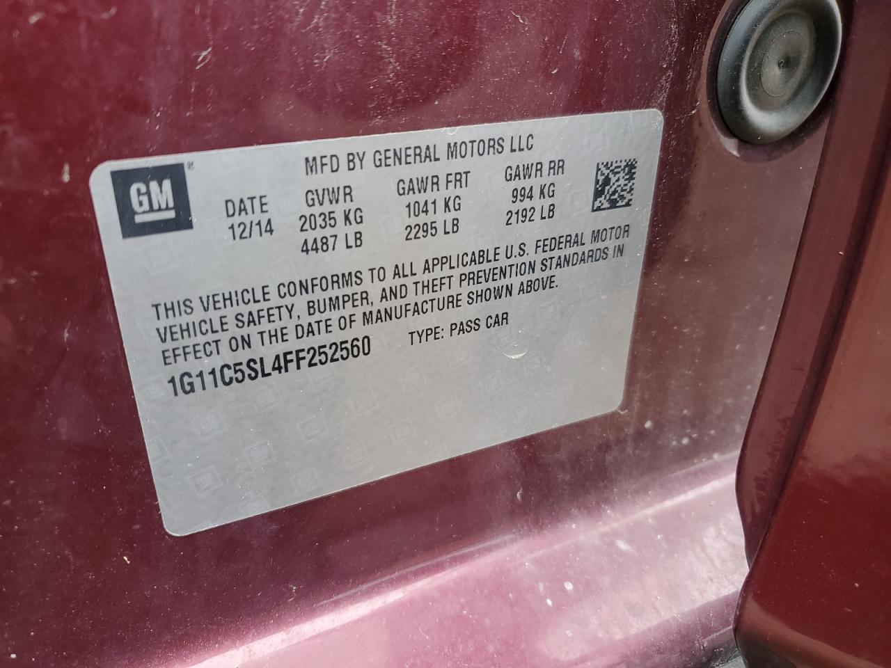 2015 Chevrolet Malibu 1Lt VIN: 1G11C5SL4FF252560 Lot: 82379285