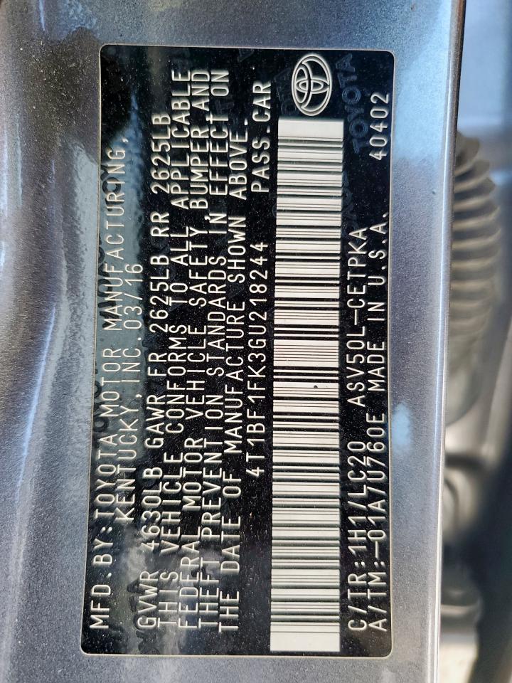 2016 Toyota Camry Le VIN: 4T1BF1FK3GU218244 Lot: 85580295