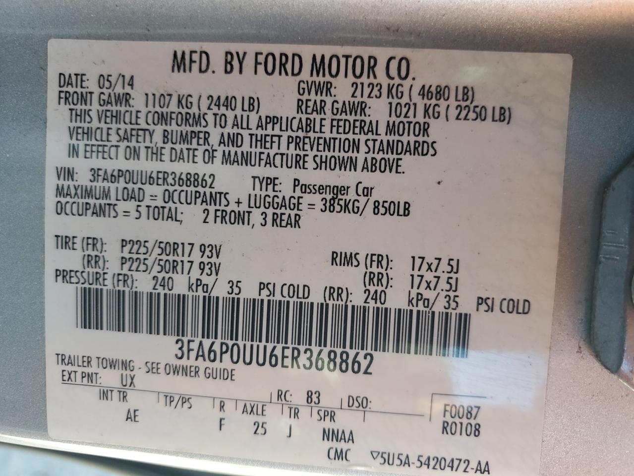 2014 Ford Fusion S Hybrid VIN: 3FA6P0UU6ER368862 Lot: 84811565