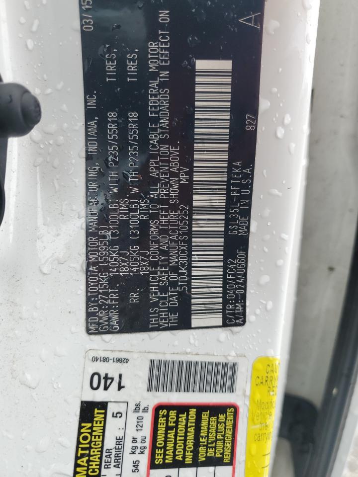 2015 Toyota Sienna Le VIN: 5TDJK3DCXFS105252 Lot: 85671285