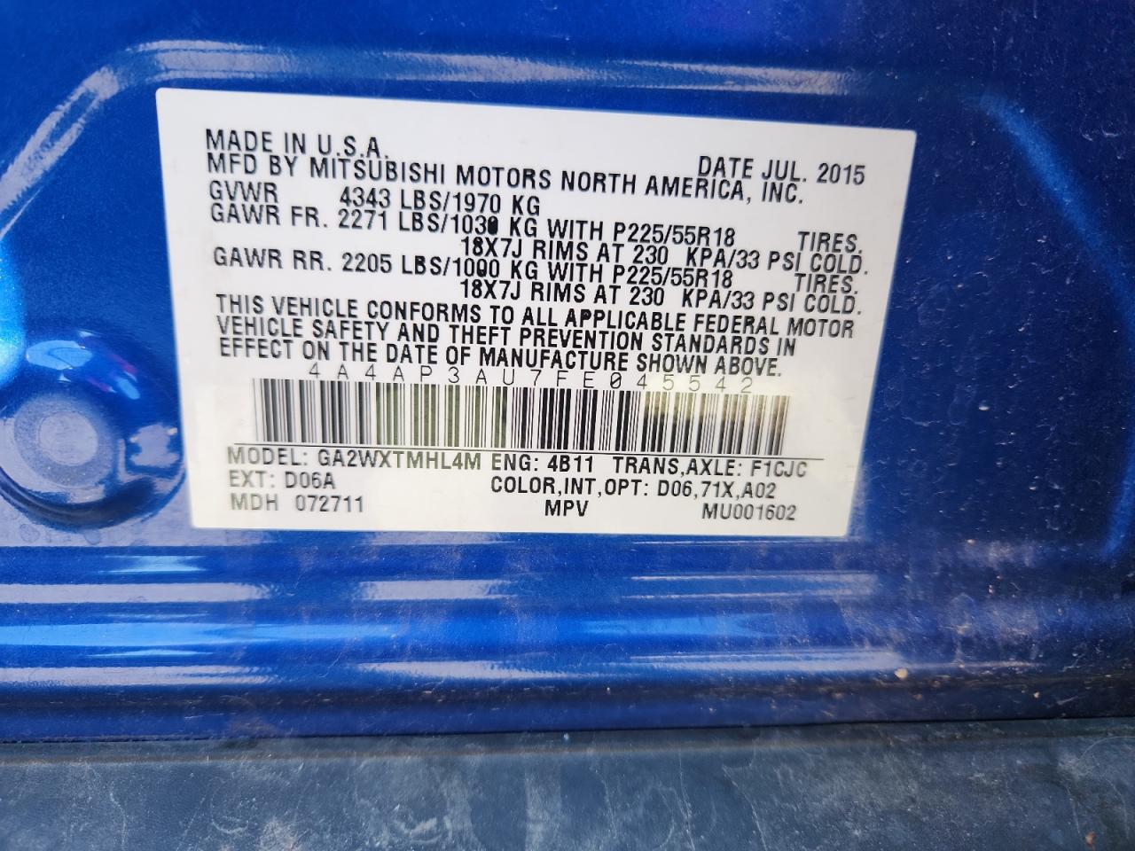 2015 Mitsubishi Outlander Sport Es VIN: 4A4AP3AU7FE045542 Lot: 82224575