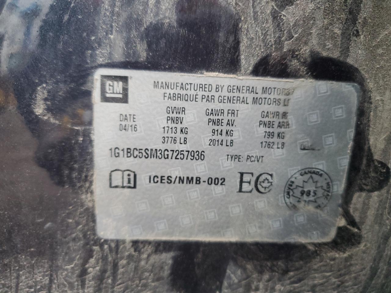 2016 Chevrolet Cruze Ls VIN: 1G1BC5SM3G7257936 Lot: 87242985