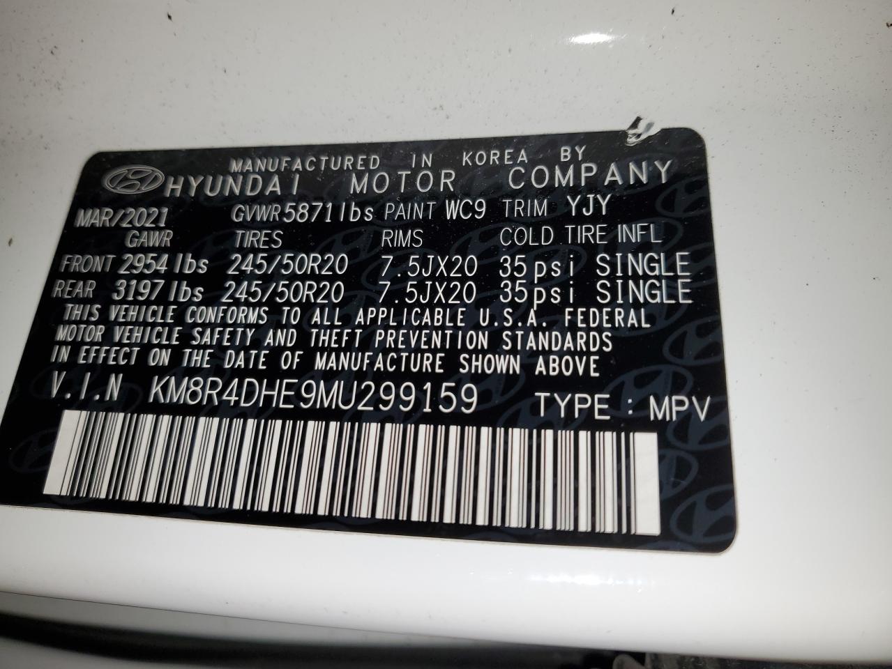 2021 Hyundai Palisade Sel VIN: KM8R4DHE9MU299159 Lot: 86132045