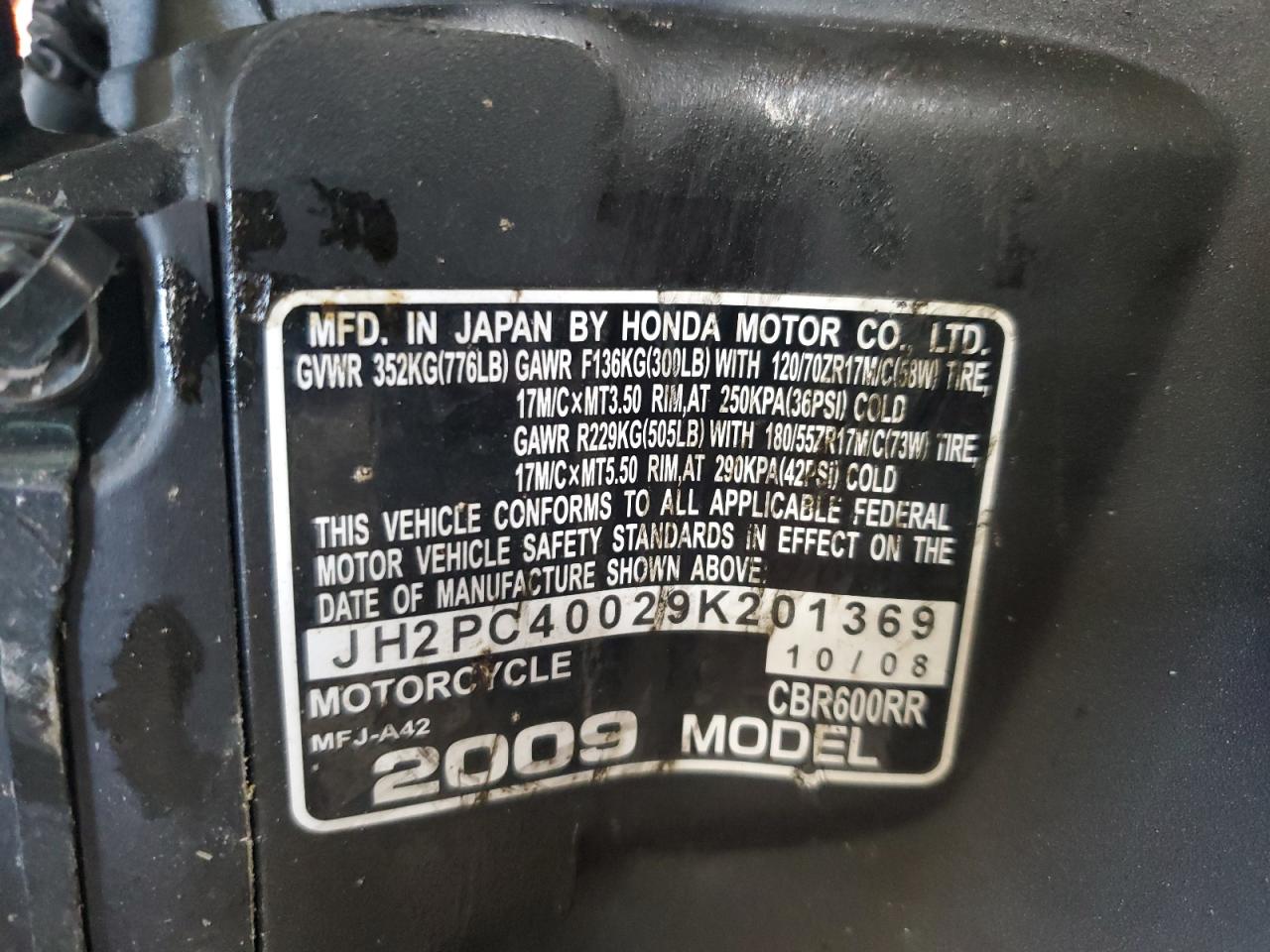 2009 Honda Cbr600 Rr VIN: JH2PC40029K201369 Lot: 80633175