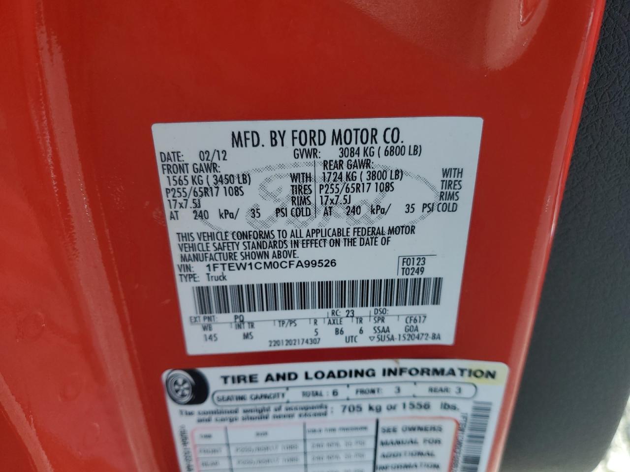 2012 Ford F150 Supercrew VIN: 1FTEW1CM0CFA99526 Lot: 84929265