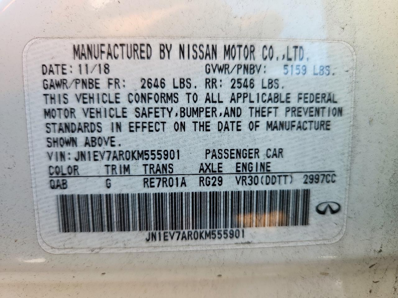 2019 Infiniti Q50 Luxe VIN: JN1EV7AR0KM555901 Lot: 90717975