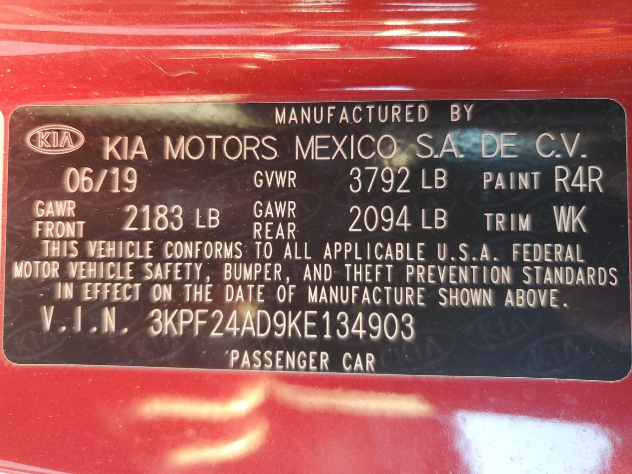 2019 Kia Forte Fe VIN: 3KPF24AD9KE134903 Lot: 89877475