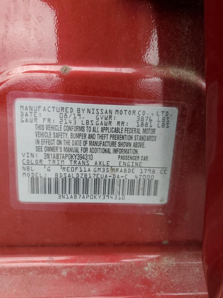 2019 Nissan Sentra S VIN: 3N1AB7AP0KY394310 Lot: 82199015