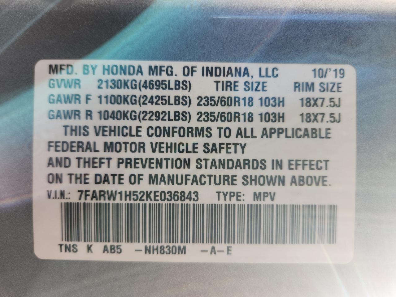 2019 Honda Cr-V Ex VIN: 7FARW1H52KE036843 Lot: 85499745