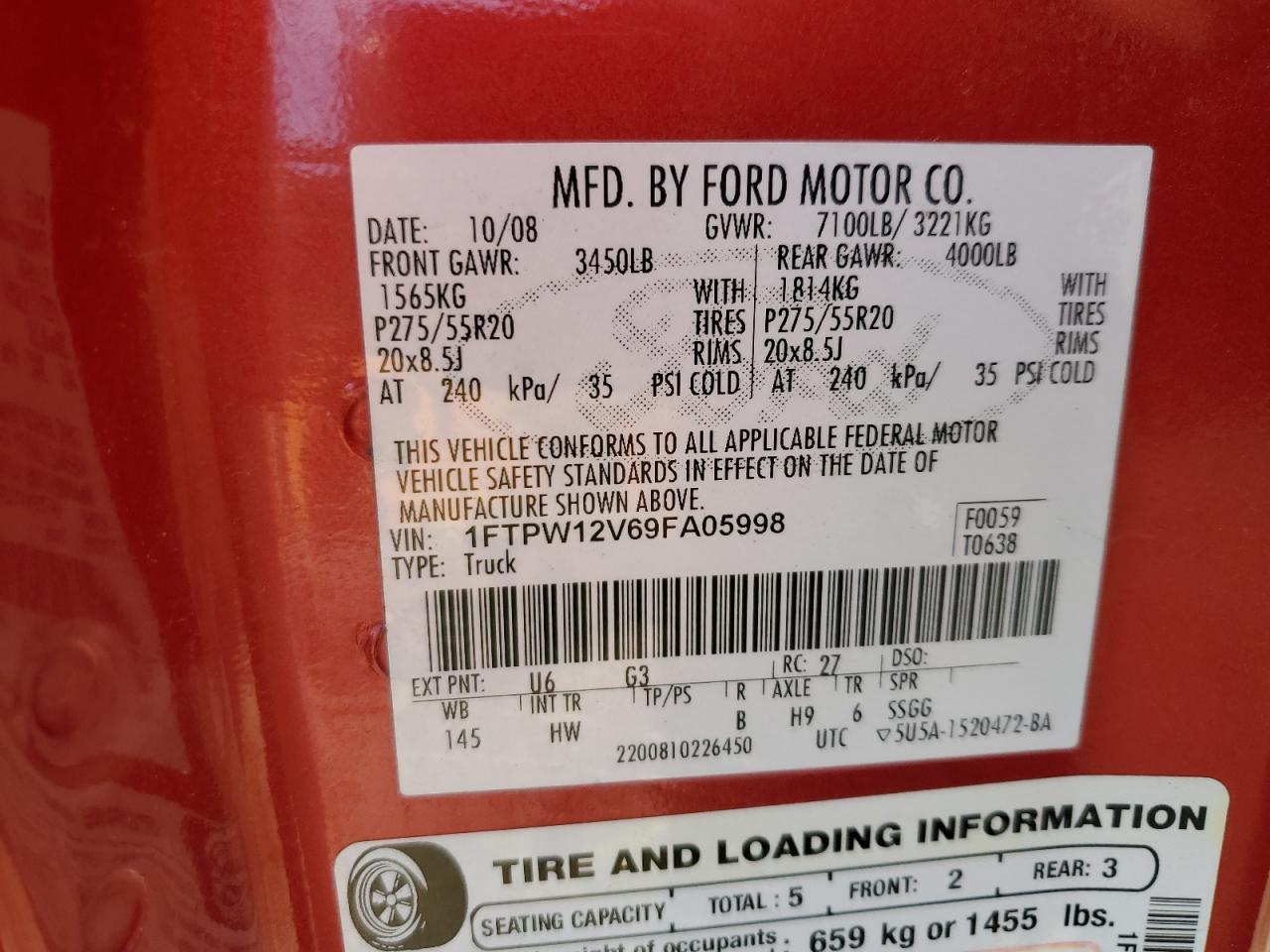 2009 Ford F150 Supercrew VIN: 1FTPW12V69FA05998 Lot: 84739005