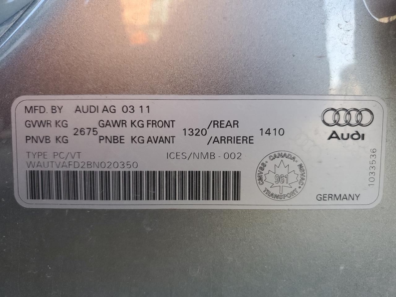 2011 Audi A8 Quattro VIN: WAUTVAFD2BN020350 Lot: 87014735