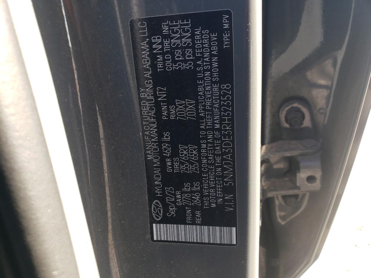 2024 Hyundai Tucson Se VIN: 5NMJA3DE3RH323528 Lot: 84956735