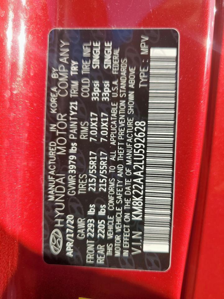2020 Hyundai Kona Sel VIN: KM8K22AA2LU592628 Lot: 82249185