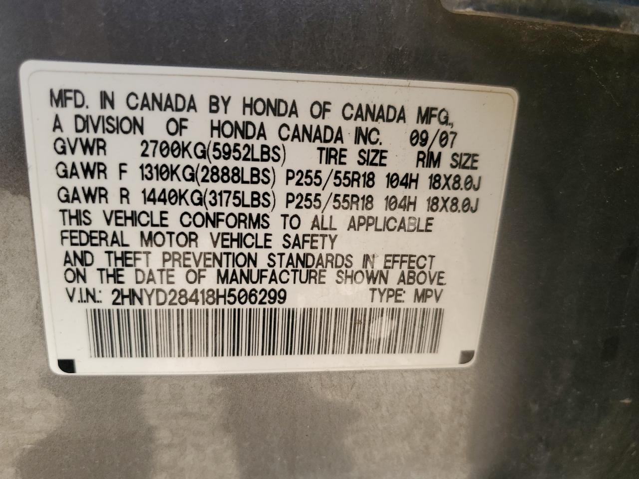 2008 Acura Mdx Technology VIN: 2HNYD28418H506299 Lot: 82738215