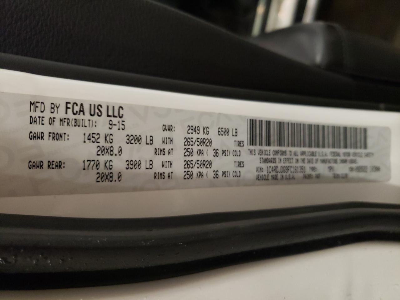 2015 Dodge Durango Limited VIN: 1C4RDJDG9FC161351 Lot: 85298505