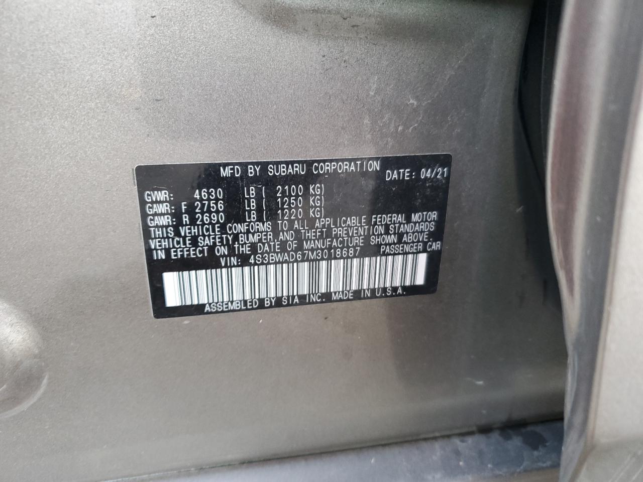 2021 Subaru Legacy Premium VIN: 4S3BWAD67M3018687 Lot: 86135895