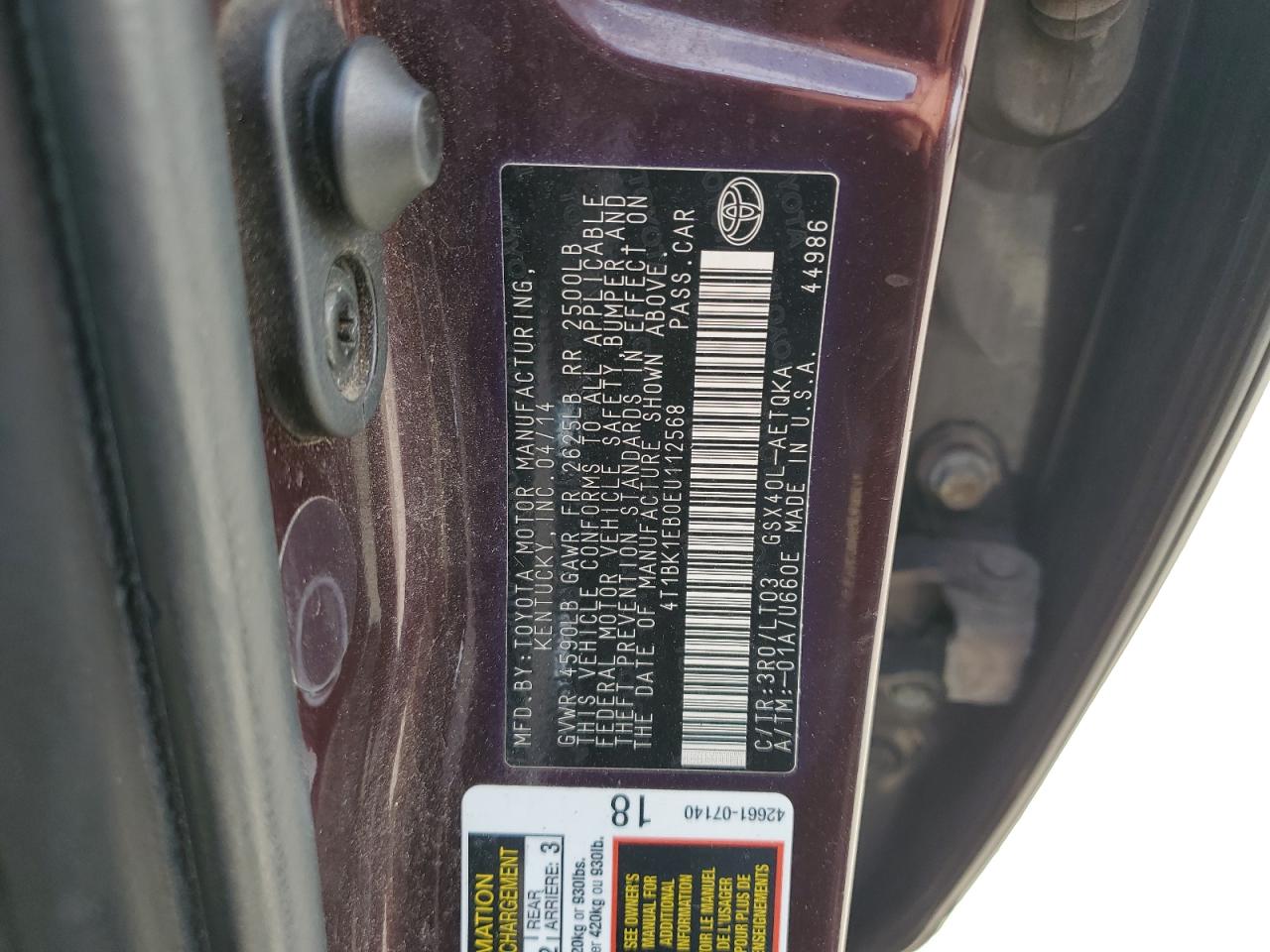 2014 Toyota Avalon Base VIN: 4T1BK1EB0EU112568 Lot: 85940125