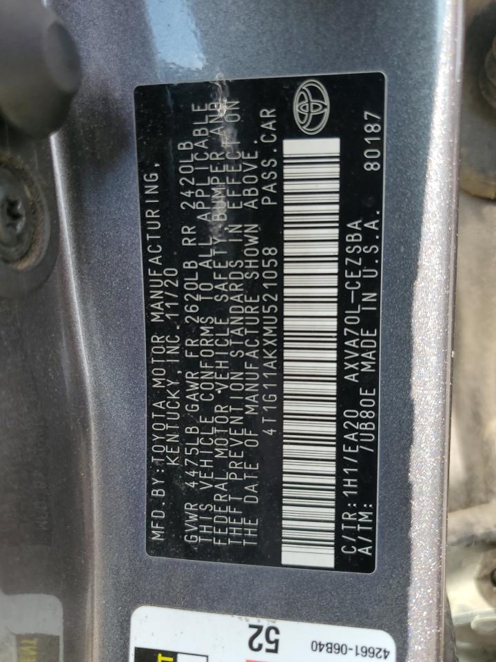 2021 Toyota Camry Se VIN: 4T1G11AKXMU521058 Lot: 85585465