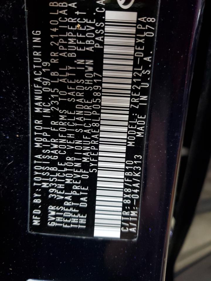 2020 Toyota Corolla Le VIN: 5YFEPRAE8LP058917 Lot: 86440035