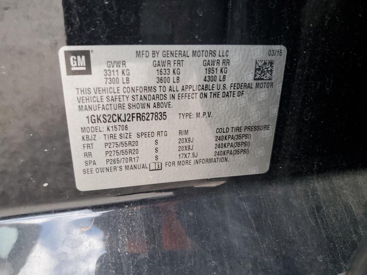 2015 GMC Yukon Denali VIN: 1GKS2CKJ2FR627835 Lot: 89673705