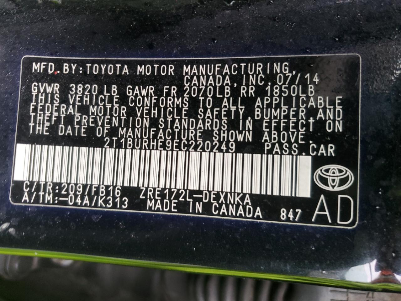 2014 Toyota Corolla L VIN: 2T1BURHE9EC220249 Lot: 85691875